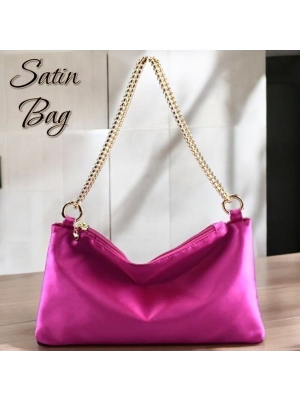 Hot Pink Satin Evening Clutch/Purse/Bag w/Detachable Gold Chain Strap NWT